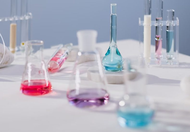 Vibrant liquids in glassware on a laboratory table in a modern science setting.